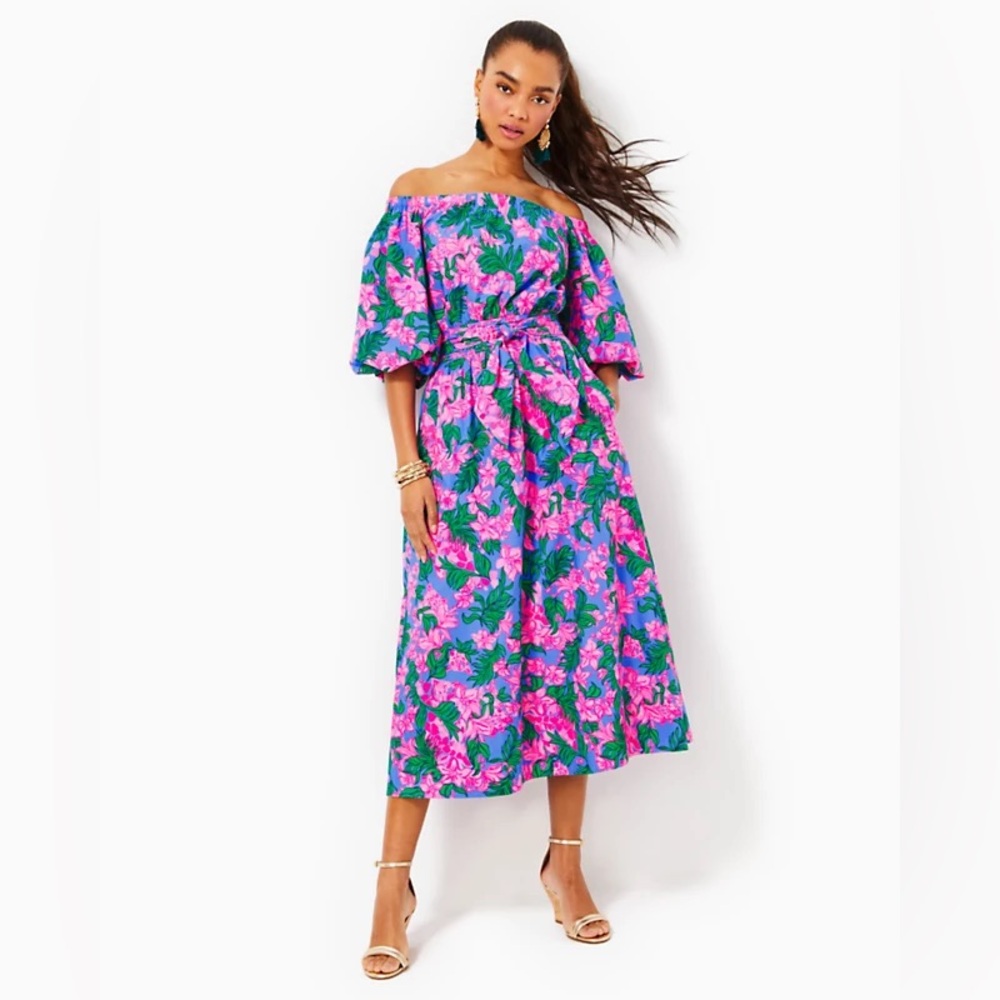 Lilly Pulitzer Shawnlee Elbow Sleeve Off the Shoulder Cotton Midi Dress S